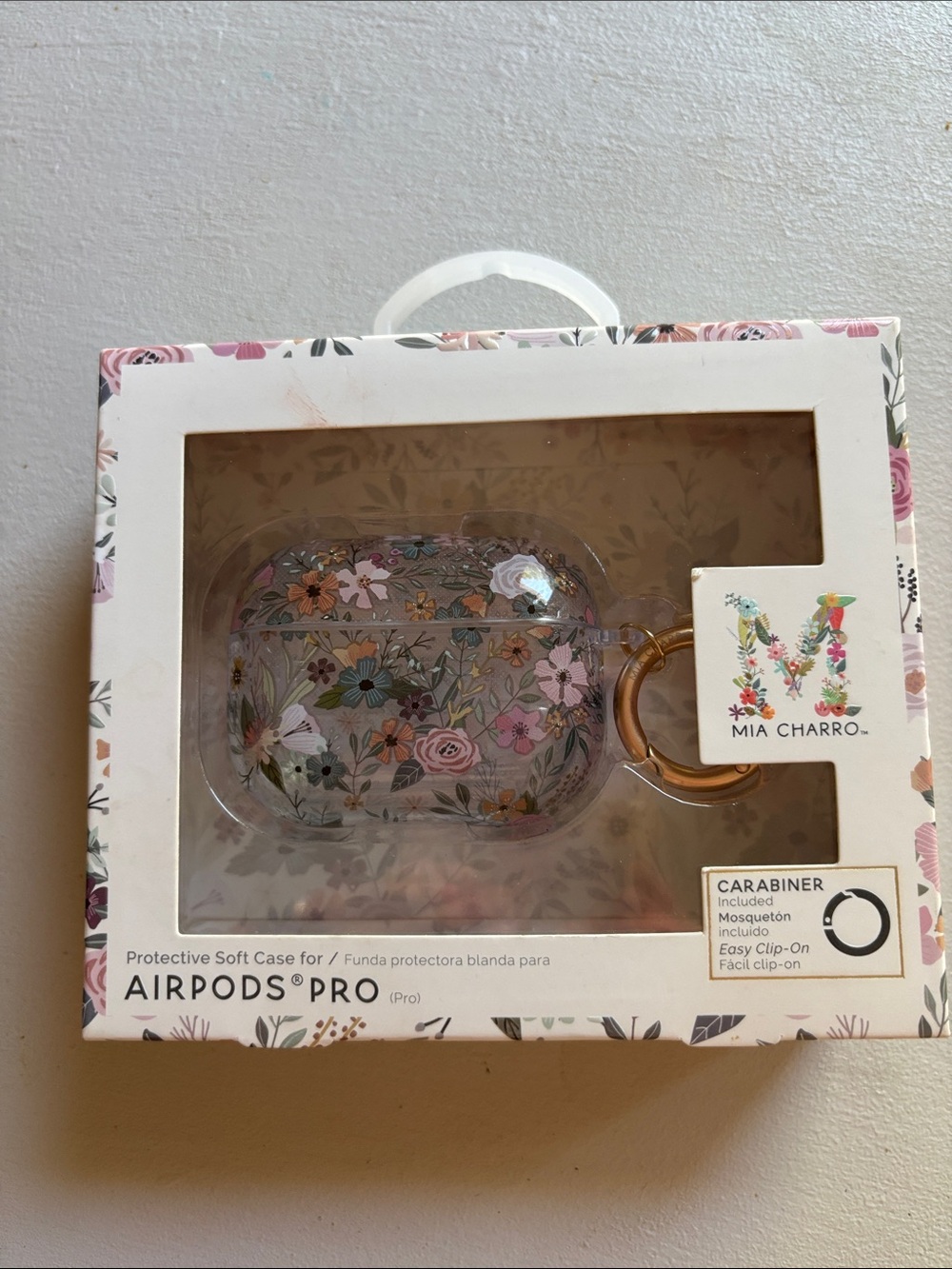 Mia Charro Floral Clear AirPods Pro Case with Pink Flowers and Gold Carabiner